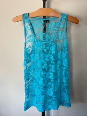 Razzle Dazzle Lace Sheer Tank Top Blue Roses Size Large
